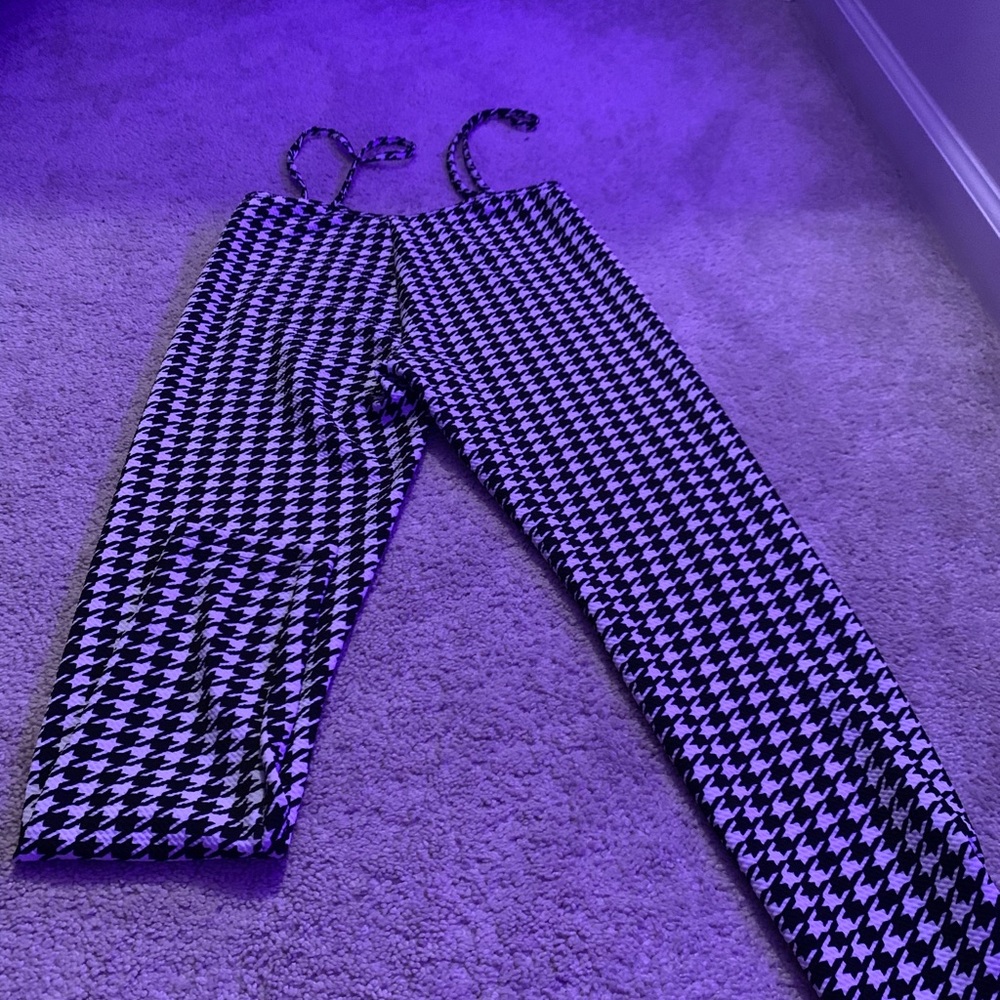 Plaid black and white Suspender type pants